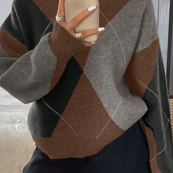 Coffee Brown Casual Women's Colorblock Loose Crew Neck Sweater - Picture 3 of 5